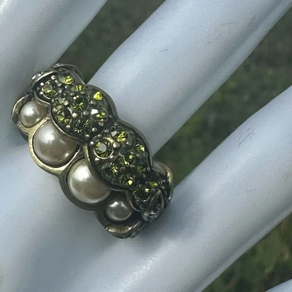 Heidi Daus Pearl & Green Crystal Band Ring